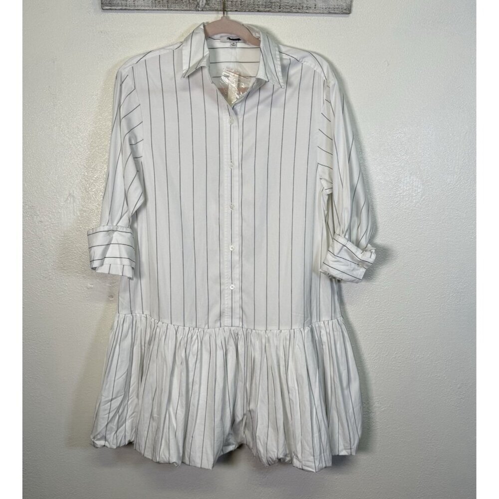 MADEWELL Bubble-Hem Mini Shirtdress in Pinstripe Poplin Dress X-Small - Picture 2 of 16